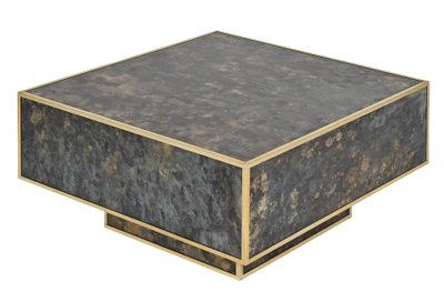 Square coffee table in marbled glass with "solar eruption" decor