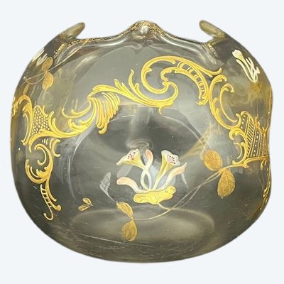 Antico vaso sferico in vetro smaltato e dorato, con decorazioni floreali, circa 1900.