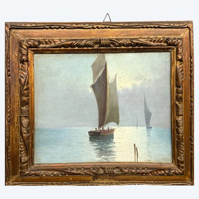 Huile sur panneau, paysage marin des années 1950, 68 x 58 cm. Bon état. Cadre doré d'époque.