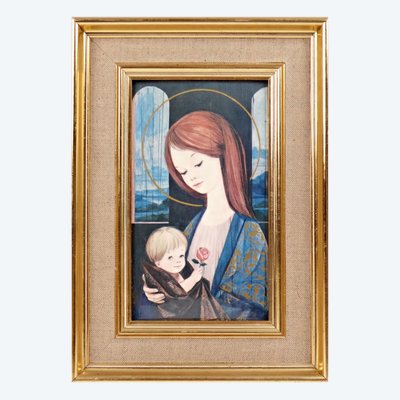 Vierge à l'Enfant en émaux martelés à la main par Helca encadré vintage  Création des années 1960