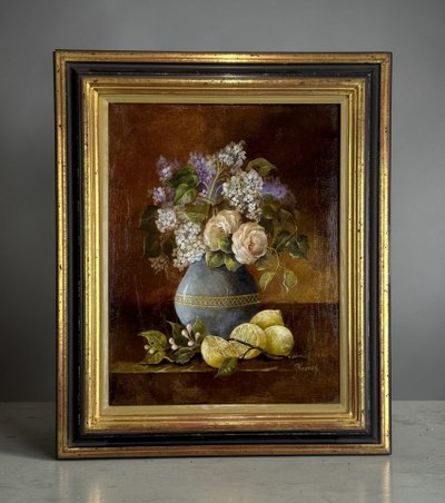 TABLEAU / HUILE SUR PANNEAU EN BOIS ENCADRÉE REPRÉSENTANT UNE NATURE MORTE
