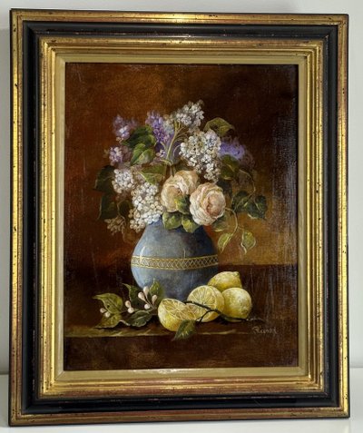 TABLEAU / HUILE SUR PANNEAU EN BOIS ENCADRÉE REPRÉSENTANT UNE NATURE MORTE