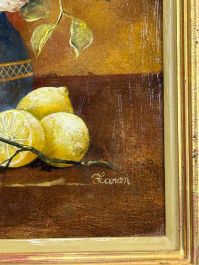 TABLEAU / HUILE SUR PANNEAU EN BOIS ENCADRÉE REPRÉSENTANT UNE NATURE MORTE