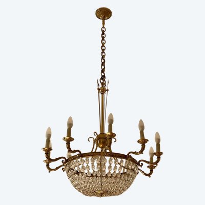 Lustre 10 feux en bronze et cristal taillé, travail des années 1960