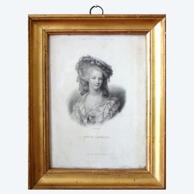 Engraved portrait of Madame de Lamballe, a royalist historical memento in its gilded wooden frame