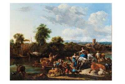 Nicolas Berchem, "Les bergers traversant la rivière avec leurs troupeaux", vers 1655
