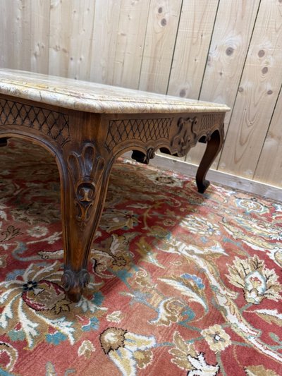 Louis XV style coffee table in walnut and marble top