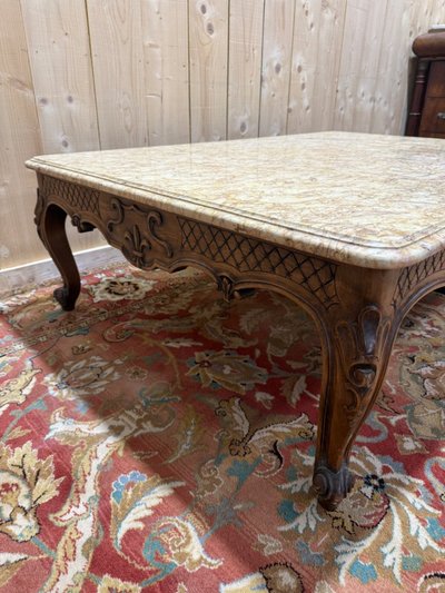 Louis XV style coffee table in walnut and marble top