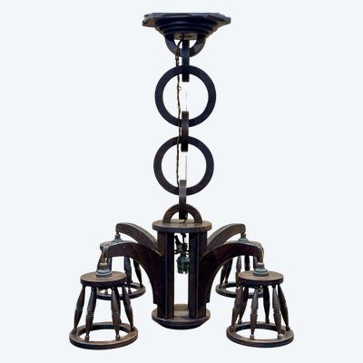 Lustre en chêne des années 50 - 5 feux
