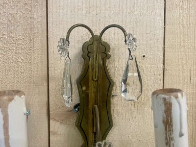 Pair of early 20th-century bronze wall sconces with crystal drops