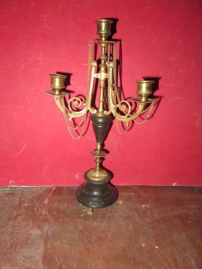 Pair of 4-Light Bronze Chandeliers, 19th Century.