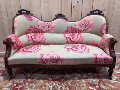 Ensemble salon Napoléon III 9 pièces acajou massif tissu roses