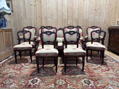 Ensemble salon Napoléon III 9 pièces acajou massif tissu roses