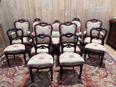 Ensemble salon Napoléon III 9 pièces acajou massif tissu roses