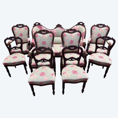 Napoleon III living room set 9 pieces solid mahogany pink fabric