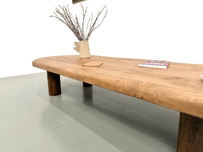 XXL oval coffee table in solid oak, cylindrical base, 1950s