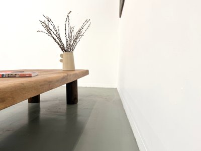 XXL oval coffee table in solid oak, cylindrical base, 1950s