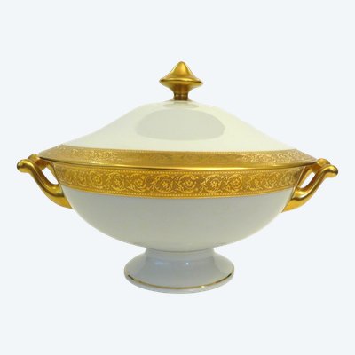 Zuppiera in porcellana di Limoges Haviland, decorazione a cardo dorato