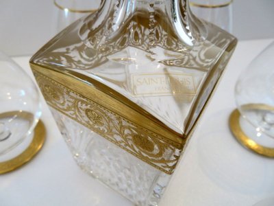 Saint Louis Thistle Gold Crystal Cognac Set, Signed