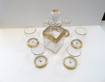 Saint Louis Thistle Gold Crystal Cognac Set, Signed