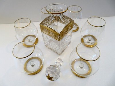 Saint Louis Thistle Gold Crystal Cognac Set, Signed
