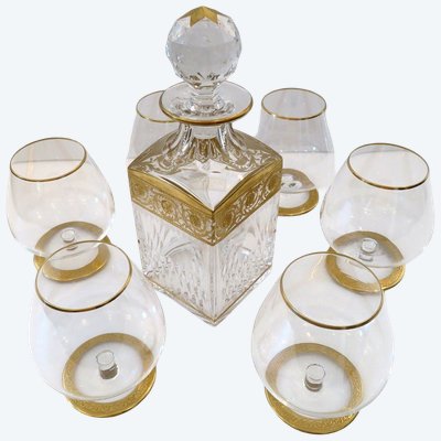 Saint Louis Thistle Gold Crystal Cognac Set, Signed