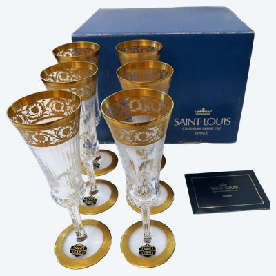 Nuove, nella confezione originale, 6 flûte da champagne Saint Louis Thistle Or, firmate
