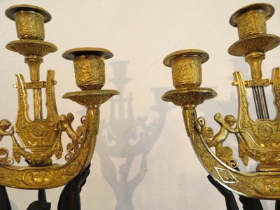 Pair De Candélabres Victoires Ailées En Bronze époque Empire 60cm