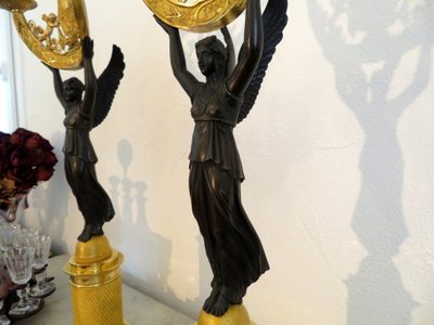 Pair De Candélabres Victoires Ailées En Bronze époque Empire 60cm