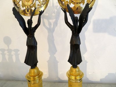 Pair De Candélabres Victoires Ailées En Bronze époque Empire 60cm