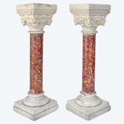 Paire de colonnes en marbre Brocatelle et pierre avec chapiteau corinthien