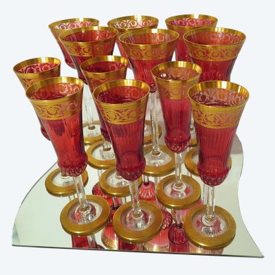 6 Champagne 6 Roemers Rouge En Saint Louis Thistle Or Cristal Signé