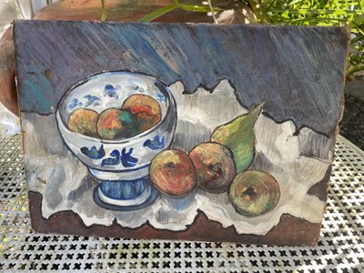 Still life with pears and earthenware bowl