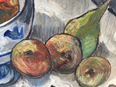 Still life with pears and earthenware bowl