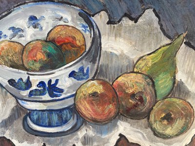 Still life with pears and earthenware bowl