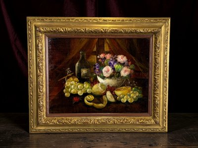 HUILE SUR PANNEAU SIGNÉE ET ENCADRÉE REPRÉSENTANT UNE NATURE MORTE A LA COCCINELLE 