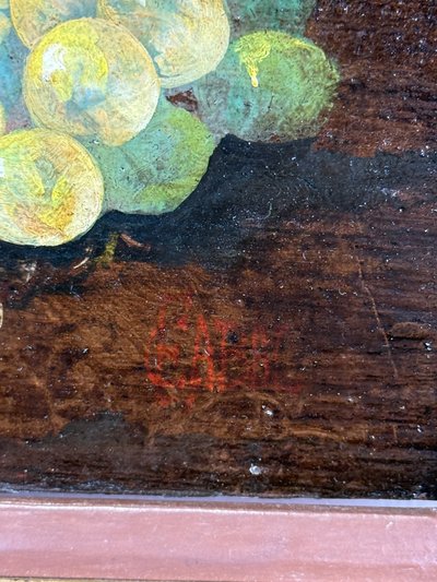 HUILE SUR PANNEAU SIGNÉE ET ENCADRÉE REPRÉSENTANT UNE NATURE MORTE A LA COCCINELLE 