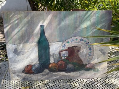 Still life with fruit and bottle