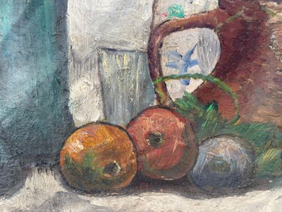 Still life with fruit and bottle