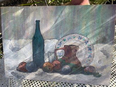 Still life with fruit and bottle