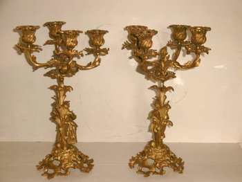 Pair Of Gilded Bronze Candelabras With Musicians