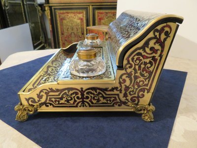 Marked "BASSY"—Napoleon III-era Boulle marquetry desk inkwell