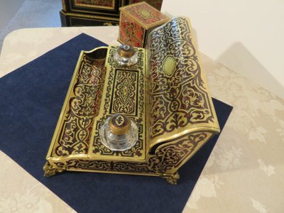 Marked "BASSY"—Napoleon III-era Boulle marquetry desk inkwell