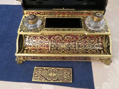 Marked "BASSY"—Napoleon III-era Boulle marquetry desk inkwell