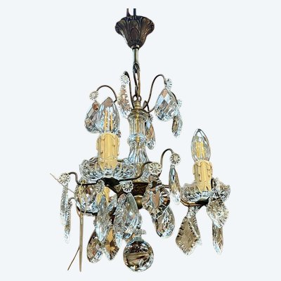 Lustre 3 feux en bronze et cristal taillé, travail début XXème