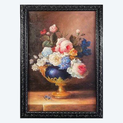 Mazzo di fiori in un vaso, grande dipinto a olio su tela con cornice. XX secolo.