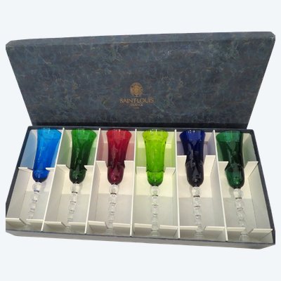 Set di 6 flûte da champagne in cristallo Saint Louis, modello Bubbles colorato, nuove, nella confezione originale.