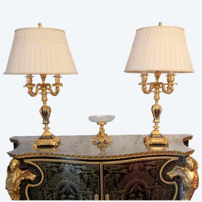 Coppia di candelabri Boulle da 85 cm in intarsio e bronzo, periodo Napoleone III