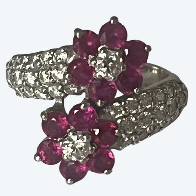 7160- Toi & Moi Vintage Ring White Gold Ruby Diamonds