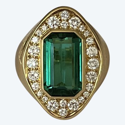 7187- Bage Yellow Gold Green Tourmaline 6.50 ct Diamonds